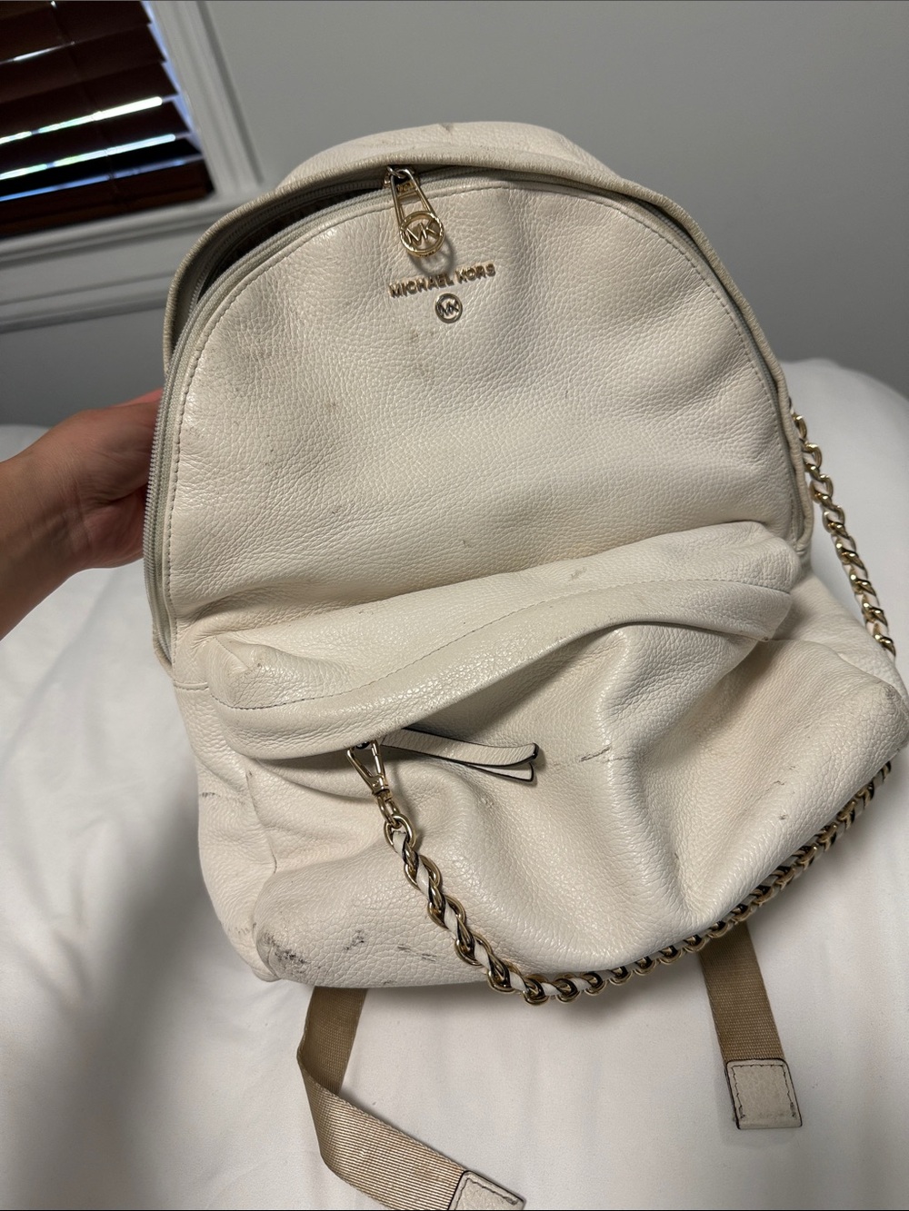 Michael Kors Cream Pebbled Leather Backpack with Gold Chain Trim